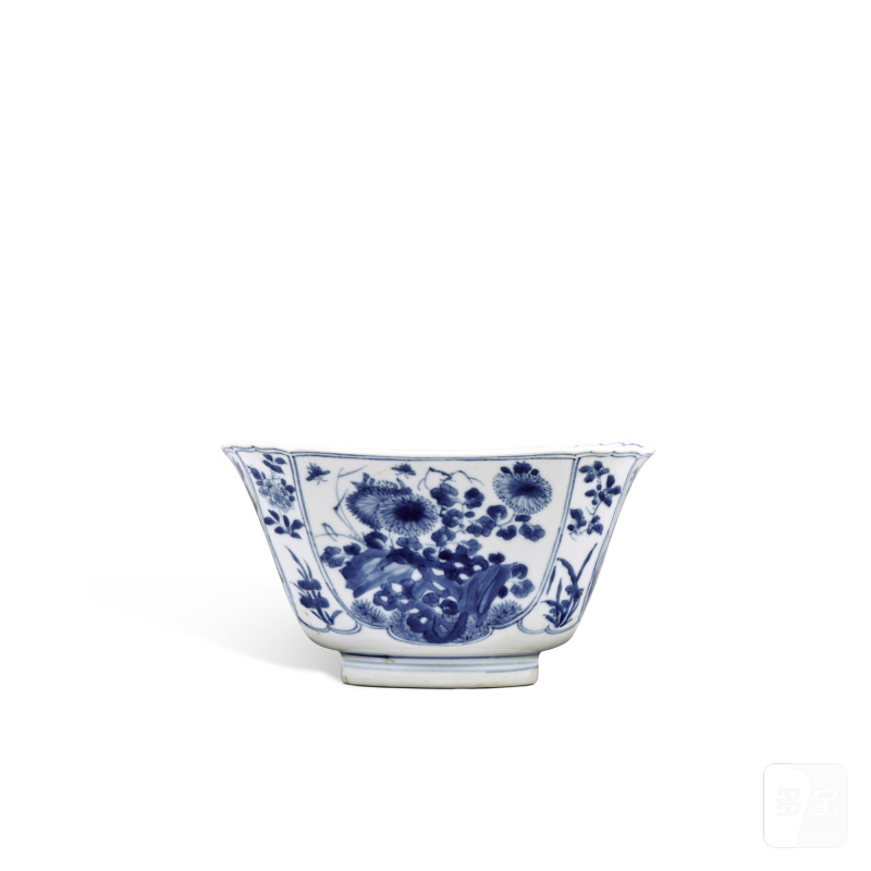 清康熙 青花開光花卉紋四方倭角盌